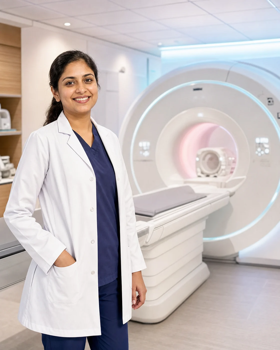 Approachable Indian woman radiologist beside an advanced MRI scanner in Bhopal